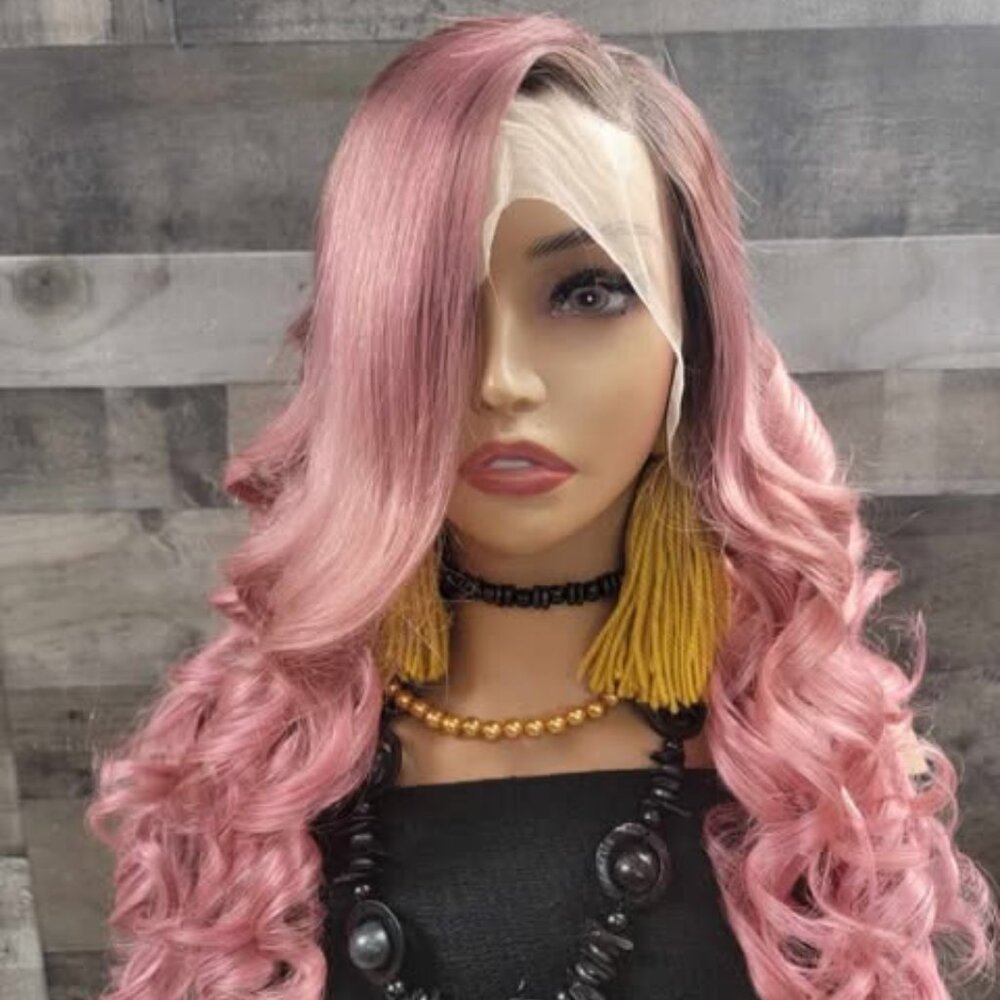 28 inch rose pink wig with brown roots